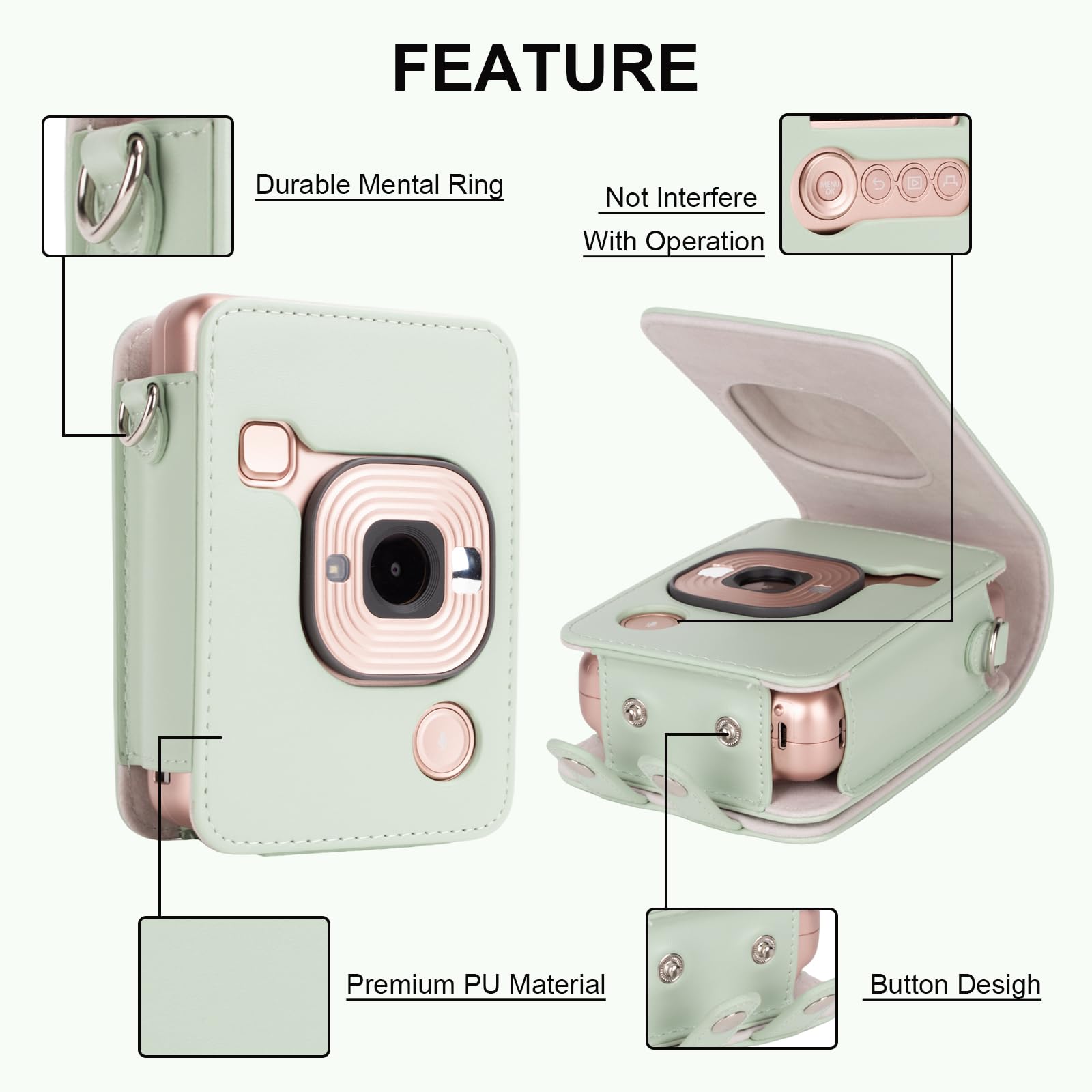 VOVMOEYA Protective Case for Instax Mini Liplay PU Camera Case for Fuji instax mini liplay Hybrid Instant Camera with 2 LCD Tempered Films with Adjustable Neck Strap Quick Detachable-Matcha Green - Image 3