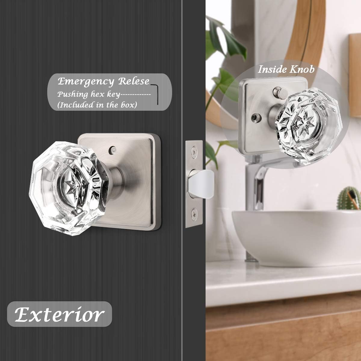 Orger 5 Pack Crystal Door Knobs, Octagon Clear Glass Door Knob with Satin Nickel Back Plate, Interior Keyless Door Handles for Bed/Bath, Privacy Door Knobs with Lock