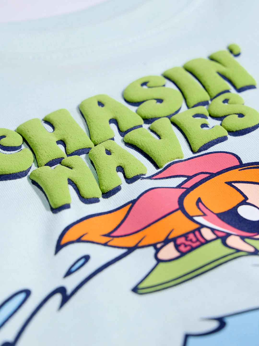 The Souled Store Powerpuff Girls Chasin' Waves Niñas Manga Corta Cuello Redondo Azul Gráfico Impreso Regular Fit Algodón Camisetas