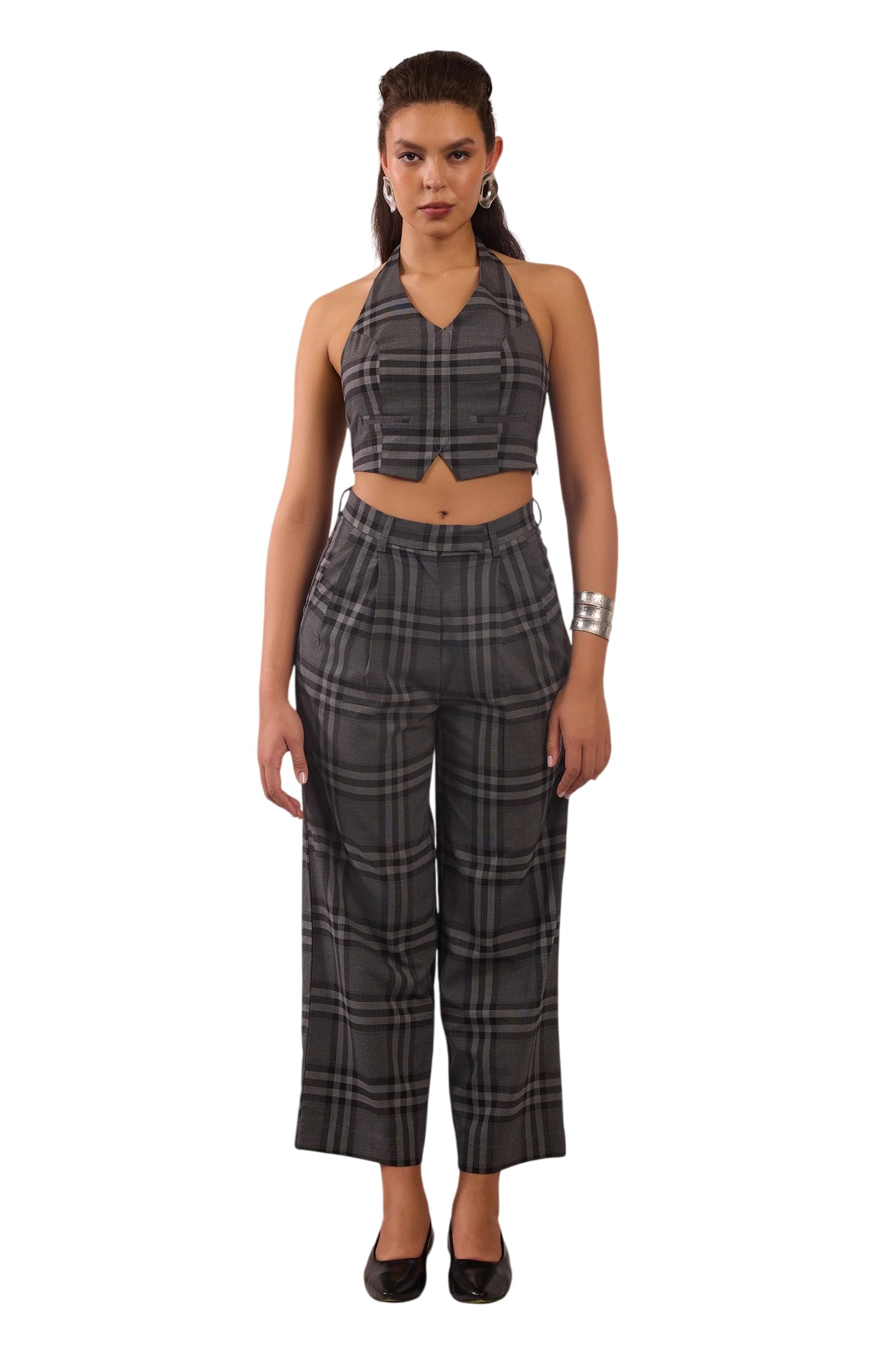 Women's Viscose Stretch Halter Checked Vest Sleeveless Design Structured Fit Fashion Clothing for Brunch Travel Gatherings Outings and Contemporary Wardrobe Looks-image-3
