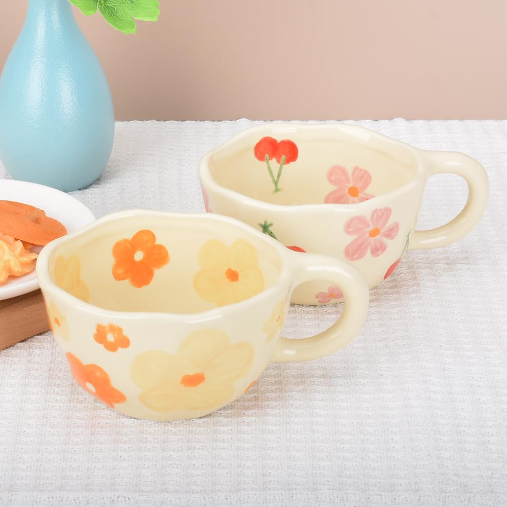XinHuiGY Cute Coffee Mug, Ceramic Tea Mugs, Handmade Irregular Coffee Cup, Orange Flower Mug with Spoon - Image 4