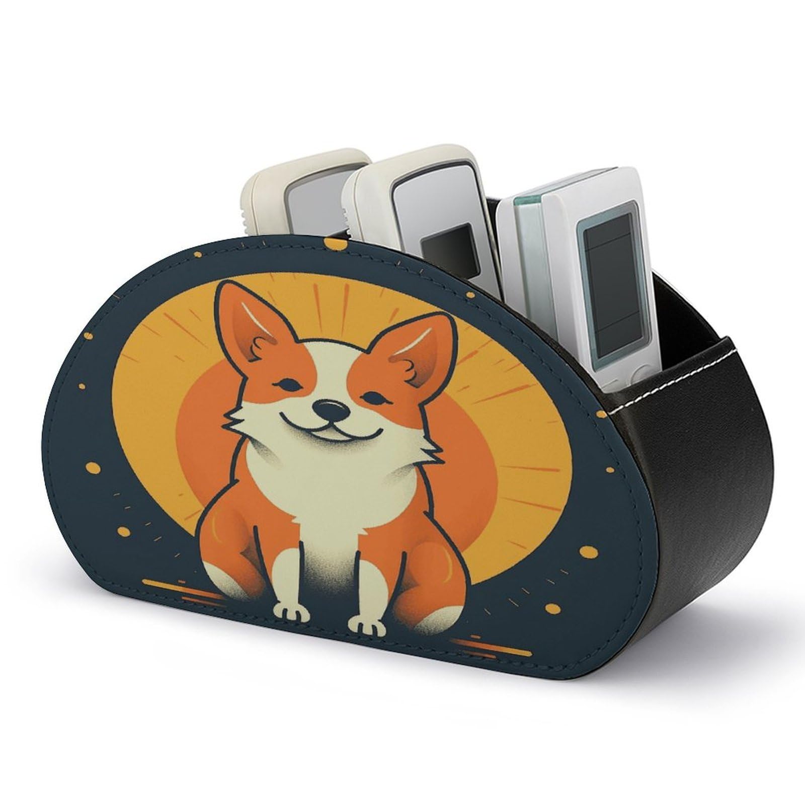 JTREHY Playful Corgi Remote Control Holder 5 Compartments Remote Caddy Tray PU Leather TV Remoter Storage Box Bedside Table Storage Organizer Office Desk Storage Case