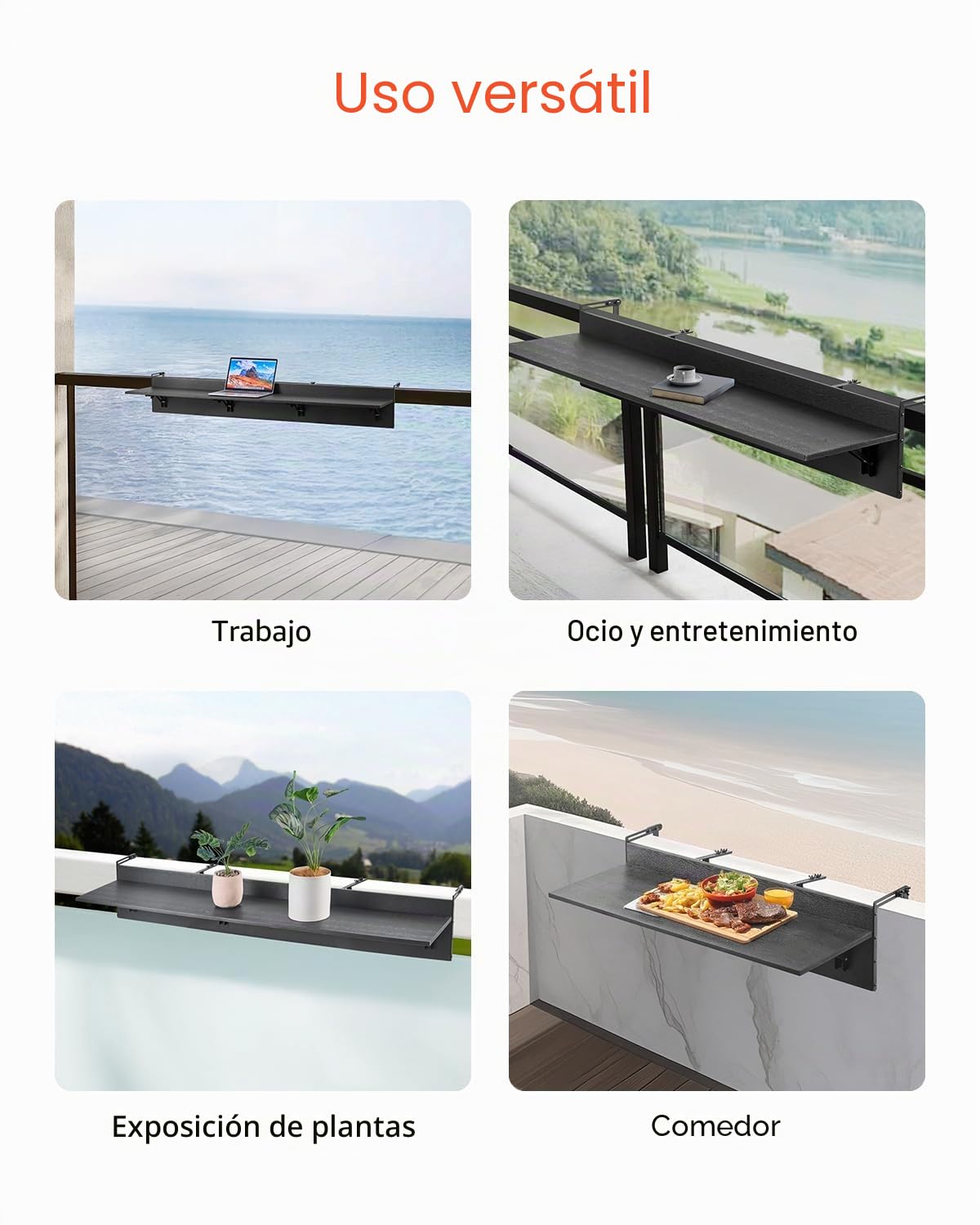 VEVOR Mesa Colgante para Balcón, Mesa Plegable con Barandilla para Balcón de 1500 x 450 x 240 mm, Carga de 22,68 kg, se Adapta a Barandillas de 1-5,91", Mesita de Servicio para Patio y Terraza