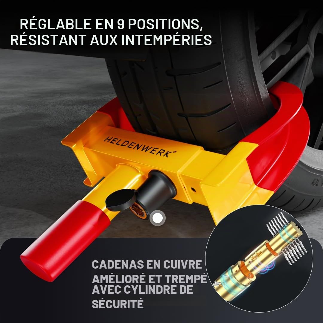 HELDENWERK Sabot de roue avec serrure de haute sécurité et 3 clés – Pour remorque, camping-car, caravane, voiture – Sabot de roue de voiture, griffe de roue pour pneus de 18 à 30 cm de largeur (jaune