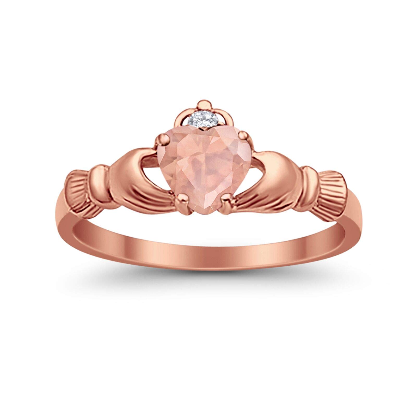 925 Sterling Silver Claddagh Ring Rose Tone Plated Heart Simulated Morganite CZ Accent Wedding Ring