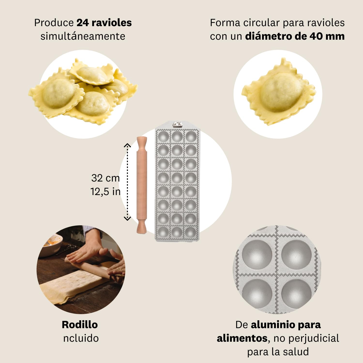 Marcato Molde para Raviolis, Máquina para Raviolis, Formas para Raviolis Caseros, Corte Redondo de 40 mm, Espacio para Relleno Abundante, Procesa 24 Raviolis al mismo tiempo.