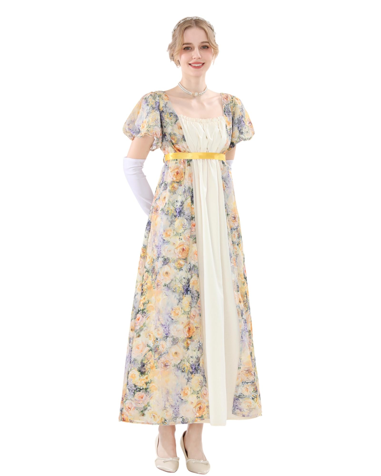 NSPSTT Women's Regency Dress Victorian Dress Jane Austen Long Vintage Dresses Ball Gown with Gloves Empire Waist, M - Image 4