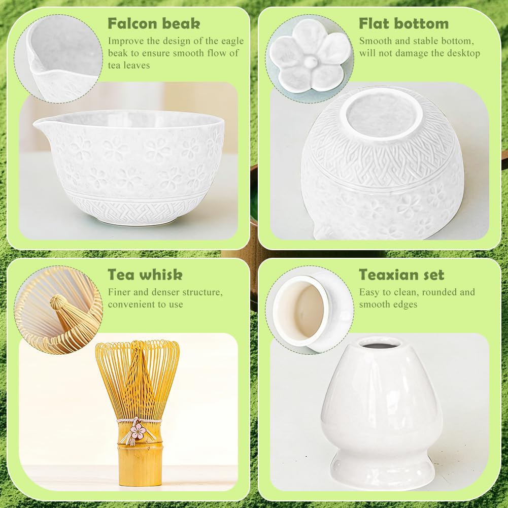 7 Stück Matcha Set, Matcha Besen Set, Matcha Besen und Besenhalter, Matcha Schale mit Auslauf, Sieb, Löffel und Halter, Japanisches Matcha Tee Set für Matcha-Liebhaber (Weiß)