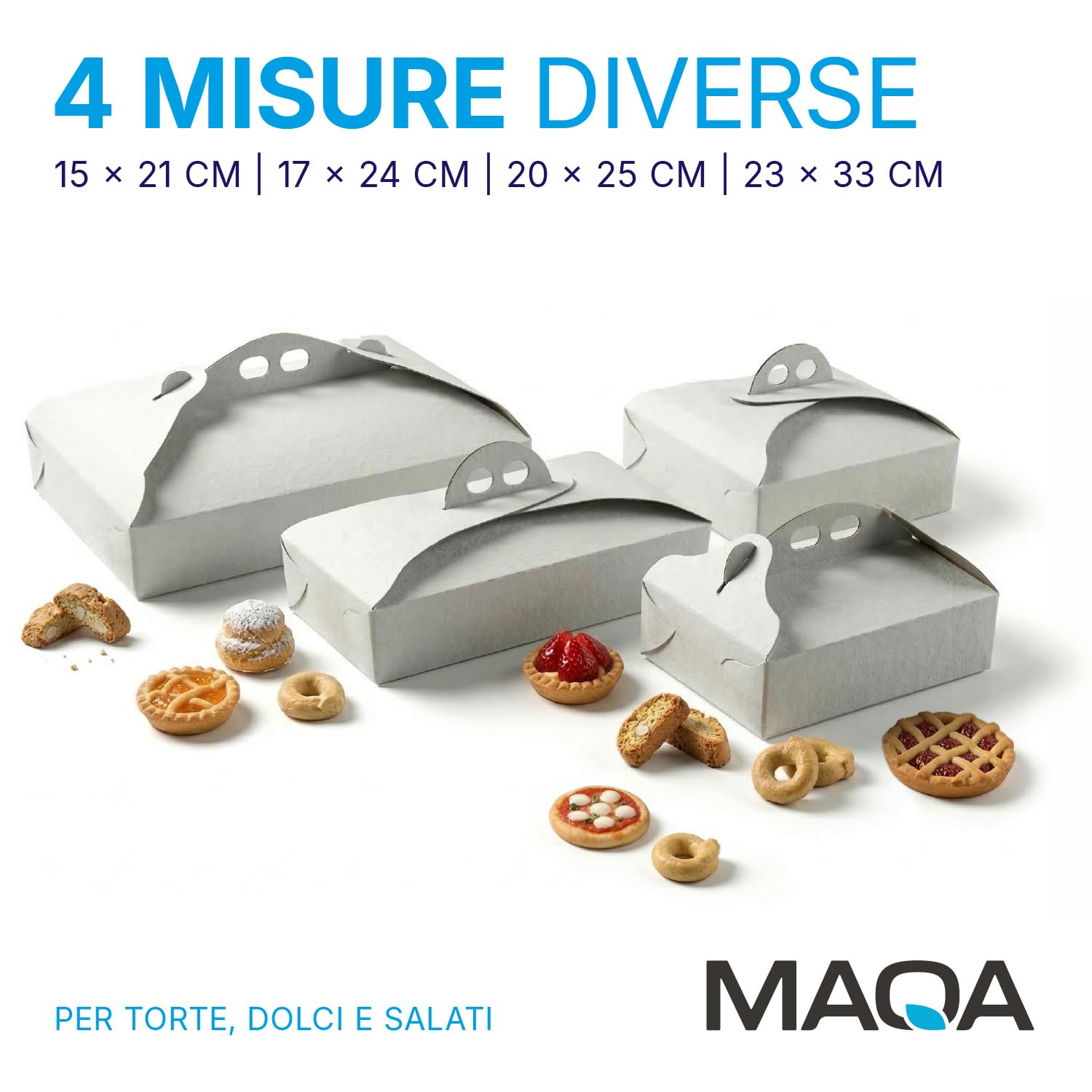 MAQA 25 Pezzi Scatole Porta Torta 15 x 21 cm, Rettangolari in Cartone Bianco e Oro con Maniglia, Porta Dolci, Pasticcini e Biscotti per Asporto, Feste, Pasticcerie e Catering