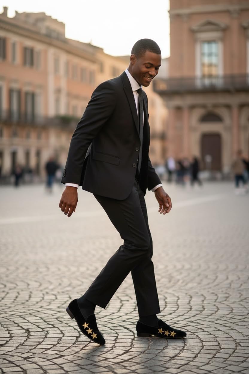 Slip On Mens Black Velvet Dress Loafers with Gold Or Silver Rhinestone Stars - Image 3