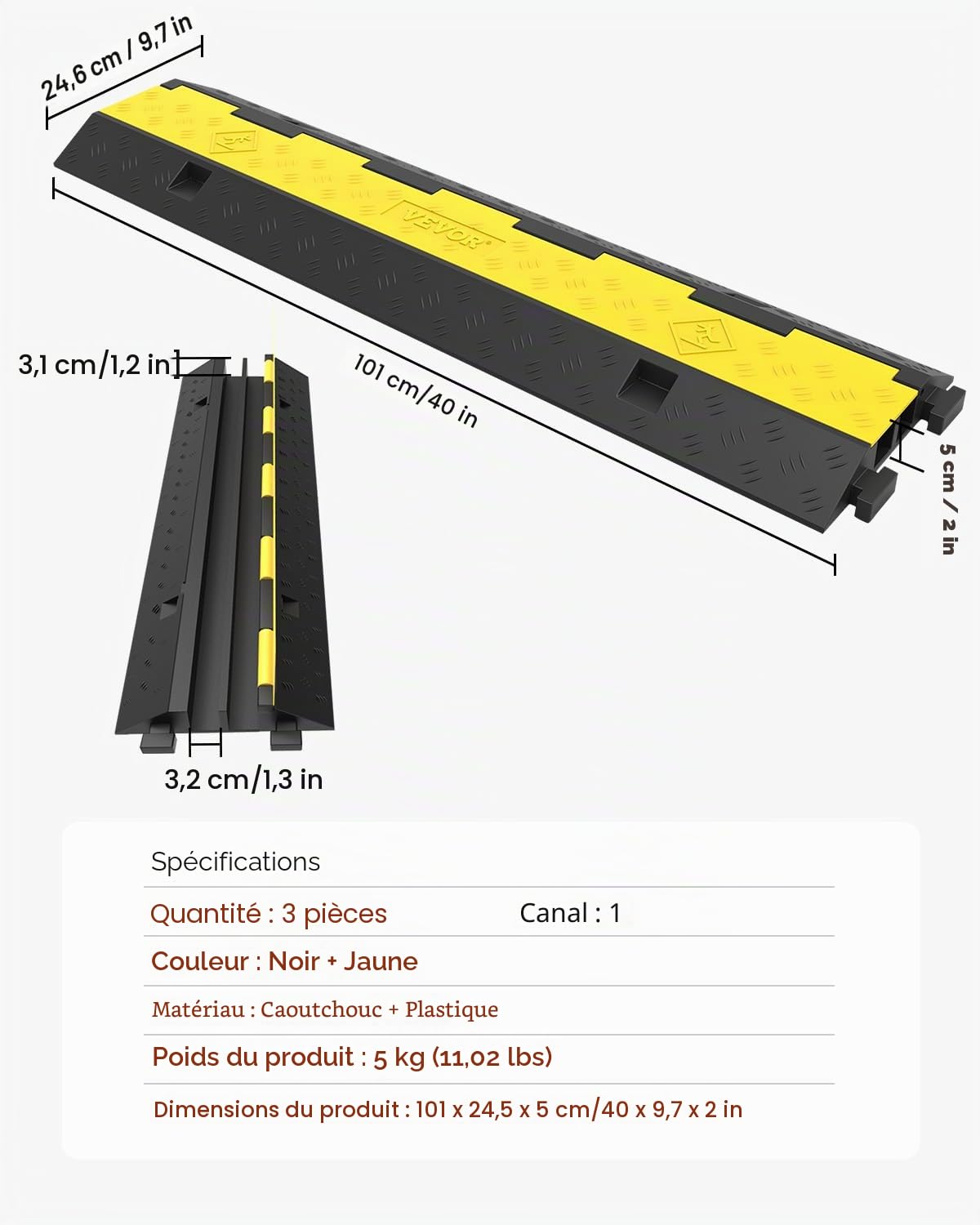 VEVOR Rampes Protection Câble 2 Canaux 5 T 3PCS 101x24,5x5 cm Passage Câbles Protecteur PVC Caoutchouc Capacité de Charge 4989 kg Canal 3,2x3,1 cm pour Protéger Câbles d'Alimentation des Sols Parking