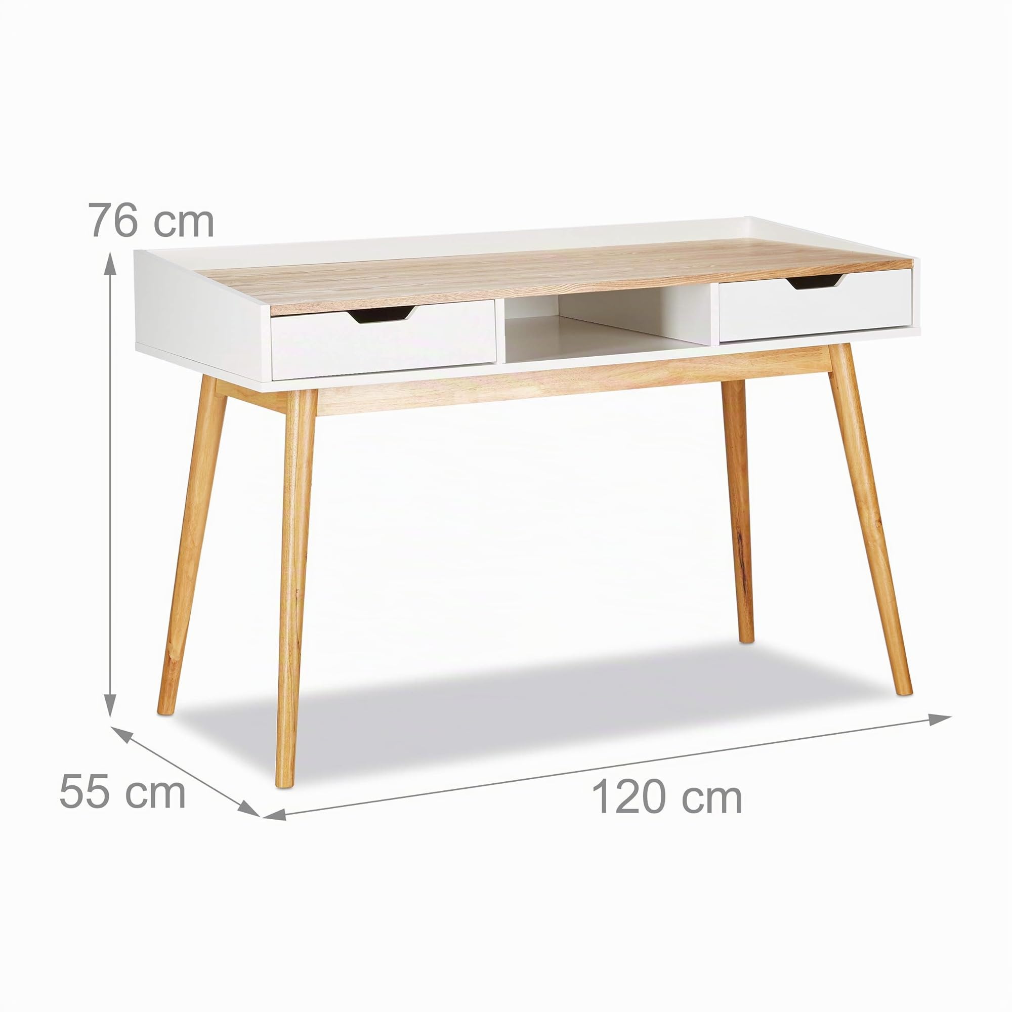 Relaxdays Scrivania, Design Scandinavo, 2 Cassetti, Tavolo Da Ufficio HxLxP: 76 x 120 x 55 cm ca., Legno, Bianco Marrone