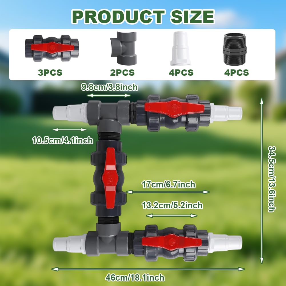Bypass Pool Set, Wärmepumpen Anschluss Set, Ø 50 mm Wärmepumpe Pool Anschluss Set, Adapter für Pool Heizung mit 32mm 38mm Schläuchen, Steuerung der Wasserzufuhr für eine optimale Temperaturregulierung