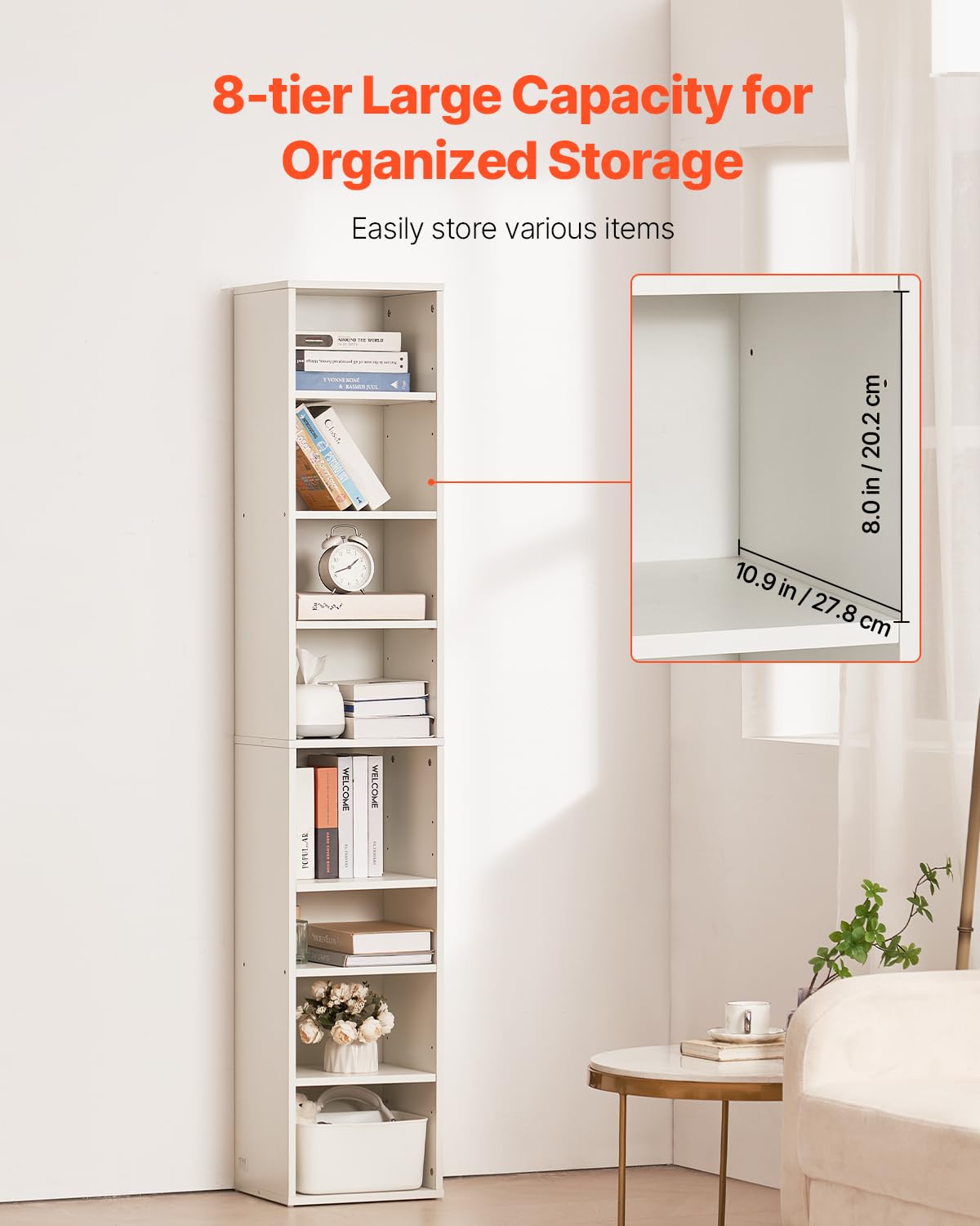 VEVOR Estantería estrecha de 8 niveles, estantería abierta de madera de 71 pulgadas con estante ajustable en altura, estantería de almacenamiento independiente para biblioteca, dormitorio, sala de