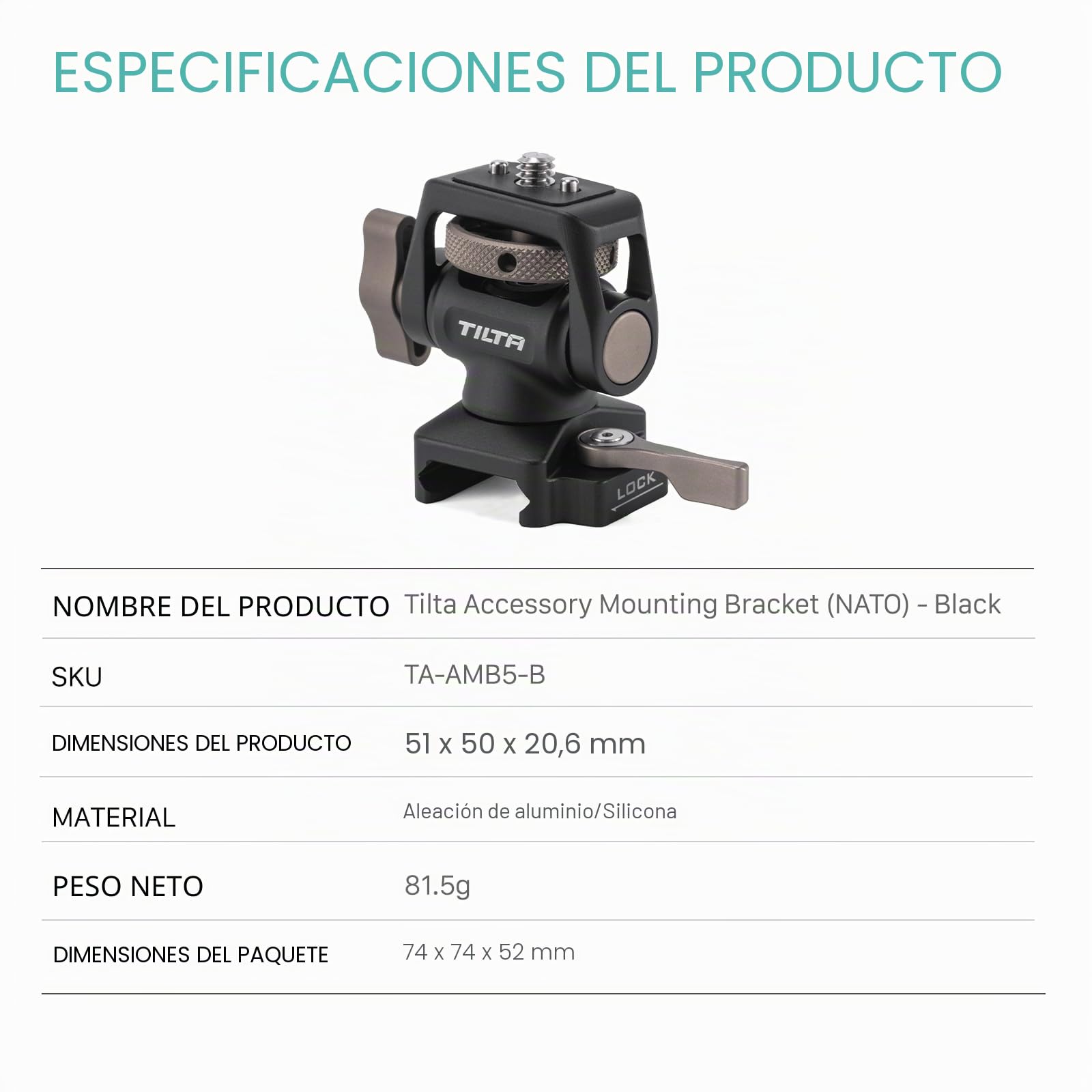 Tilta Soporte de montaje de accesorios de 1/4″-20 con pasadores de localización a la abrazadera NATO - Negro TA-AMB5-B