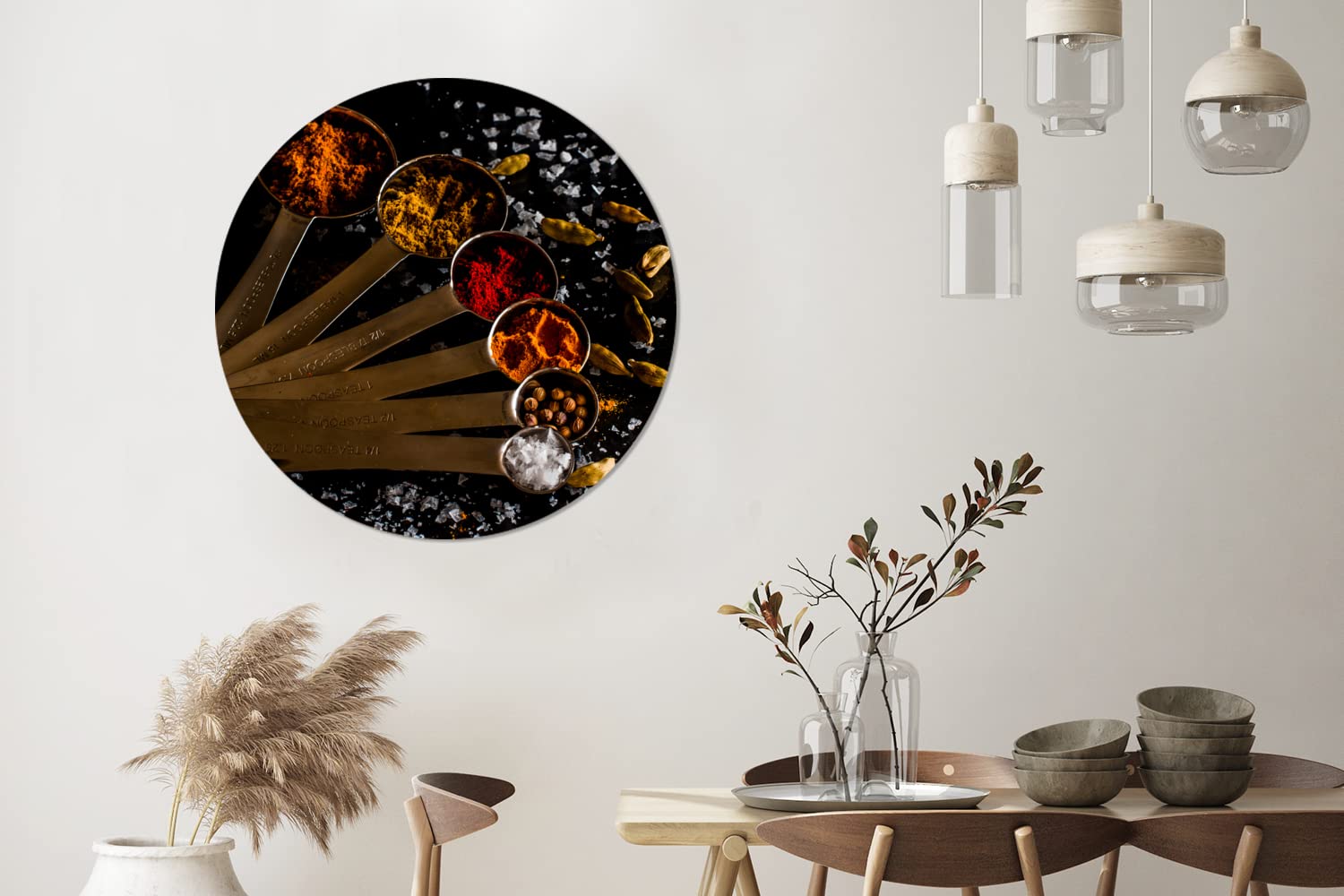 MuchoWow Wandbild Rund Wanddeko Deko Wohnzimmer Bilder 90x90 cm Gewürze - Löffel - Salz - Gewürze - Schwarz