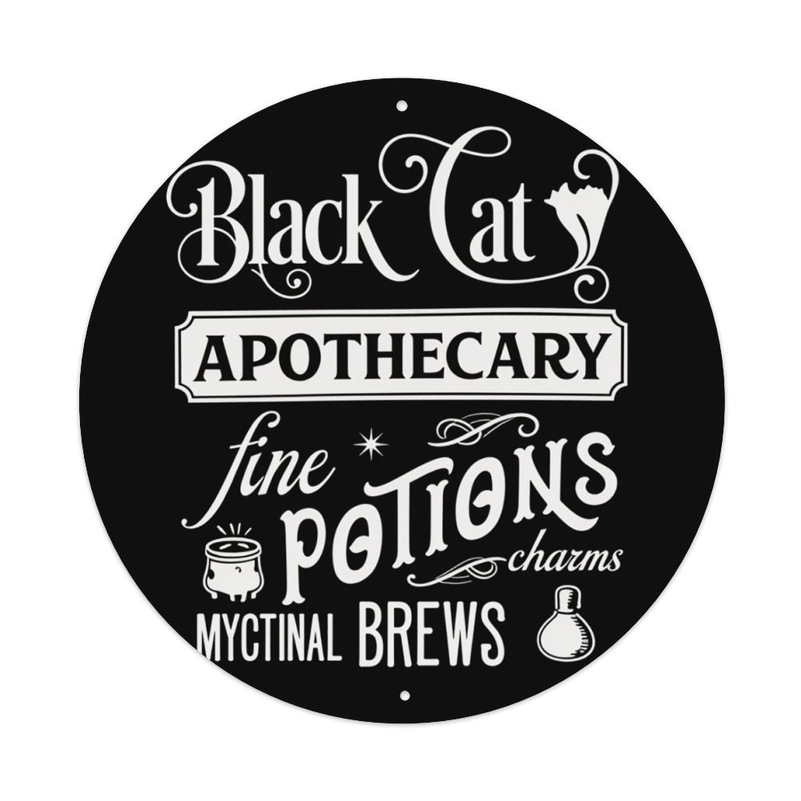 Black Cat Apothecary Potions Brews Round Tin Sign Retro Metal Sign for Cafe Bar Pub Home Game Room Gym Club Wall Decoration Vintage Metal Poster 8x8 Inch