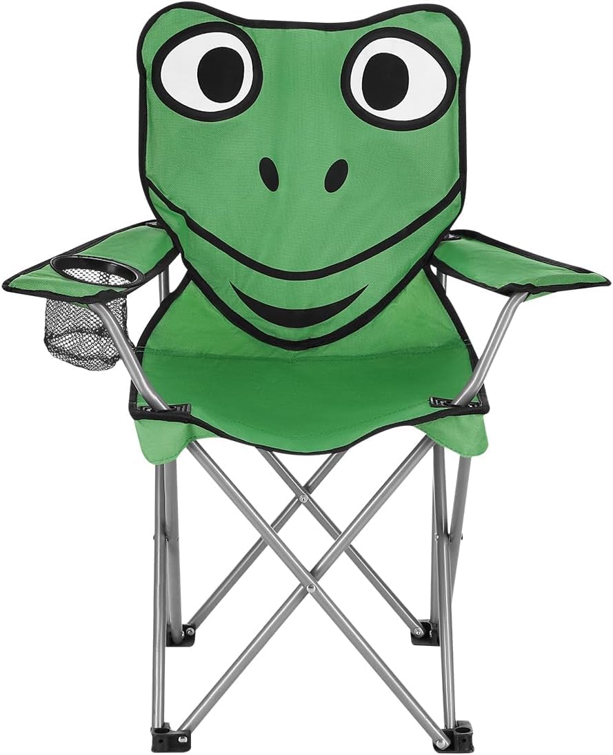 LIZZIE JACOBS Kids Folding Camping Chair with Armrest and Cup Holder Cute Animal Frog & Monkey Design Foldable Chair for Beach, Fishing, & Backyard 110lbs Capacity for Boys & Girls (Frog Green)