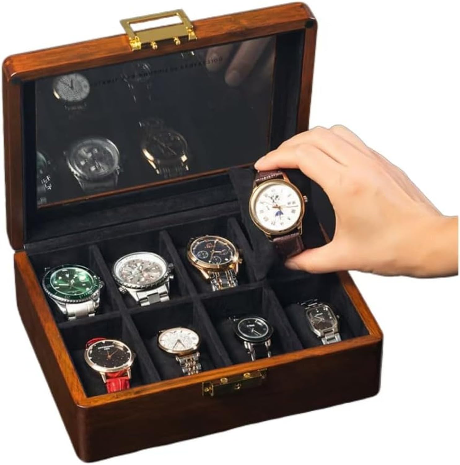 Porta Orologio in Legno Massello 8 Alloggi con Coperchio in Vetro Astuccio da Collezione Noce Custodia Espositiva Organizer, 8 Fodera di Velluto Nero Slot, Legno di Teak Dorato Massiccio