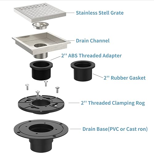Miniatura 3 de Drenaje cuadrado de 6 pulgadas, kit de drenaje de ducha de alto flujo de níquel cepillado con brida, cubierta de rejilla extraíble y filtro de