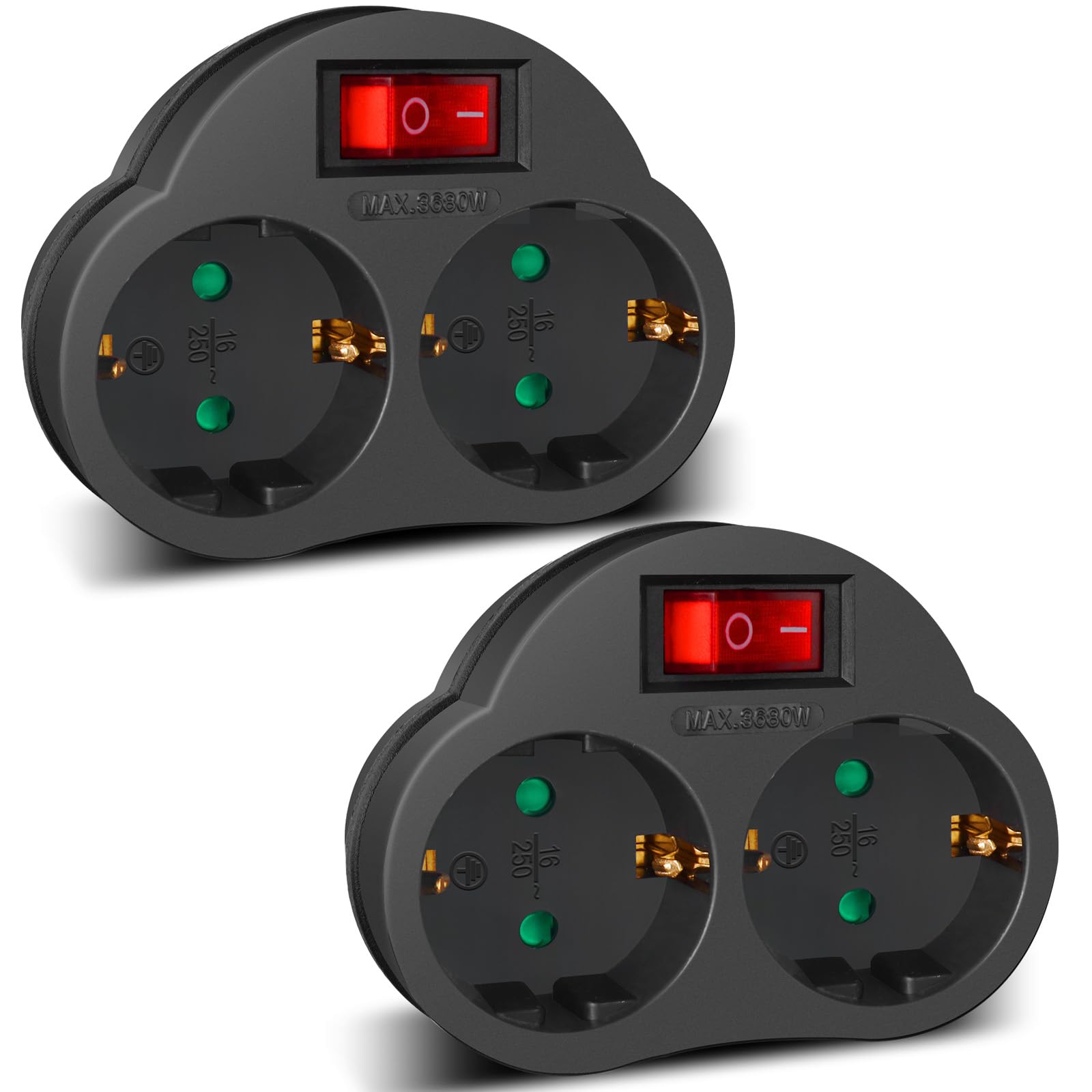 EXTRASTAR 2 en 1 Adaptador con Interruptor y 2 Enchufes Schuko, Adaptador de Regleta, hasta Carge 3680W, 16A/250V~, Negro, 2Pcs