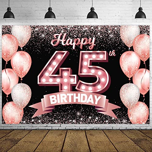 Happy 45th Birthday Rose Gold Banner Backdrop Cheers to 45 Years Old Confetti Balloons Theme Decor Decorations for Women 45 Years Old Pink Birthday Party Bday Supplies Background Favors Gift Glitter