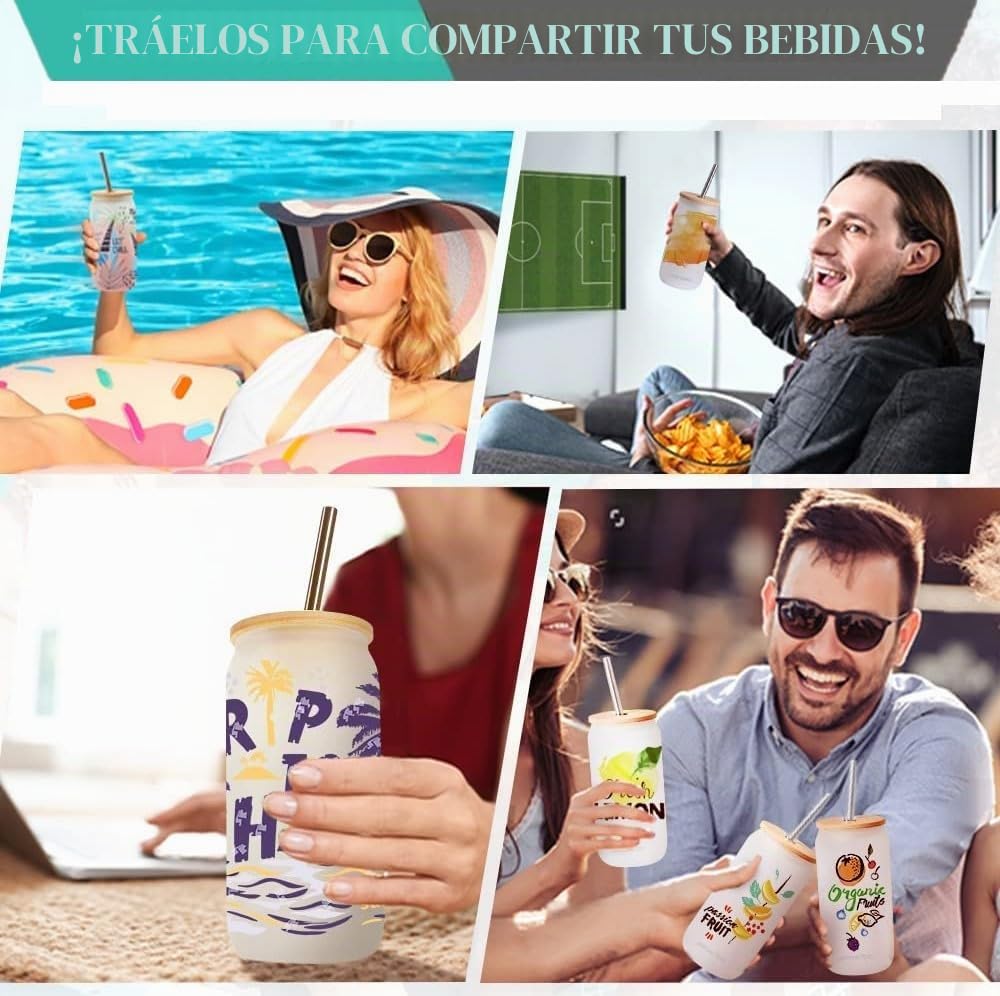 LATERN 8 Piezas Latas de Vidrio para Sublimación, 520ml Lata de Cerveza de Sublimación Esmerilada Vasos de Borosilicato Tarro de Albañil Tazas de Taza con Tapas de Bambú y Pajilla Reutilizable