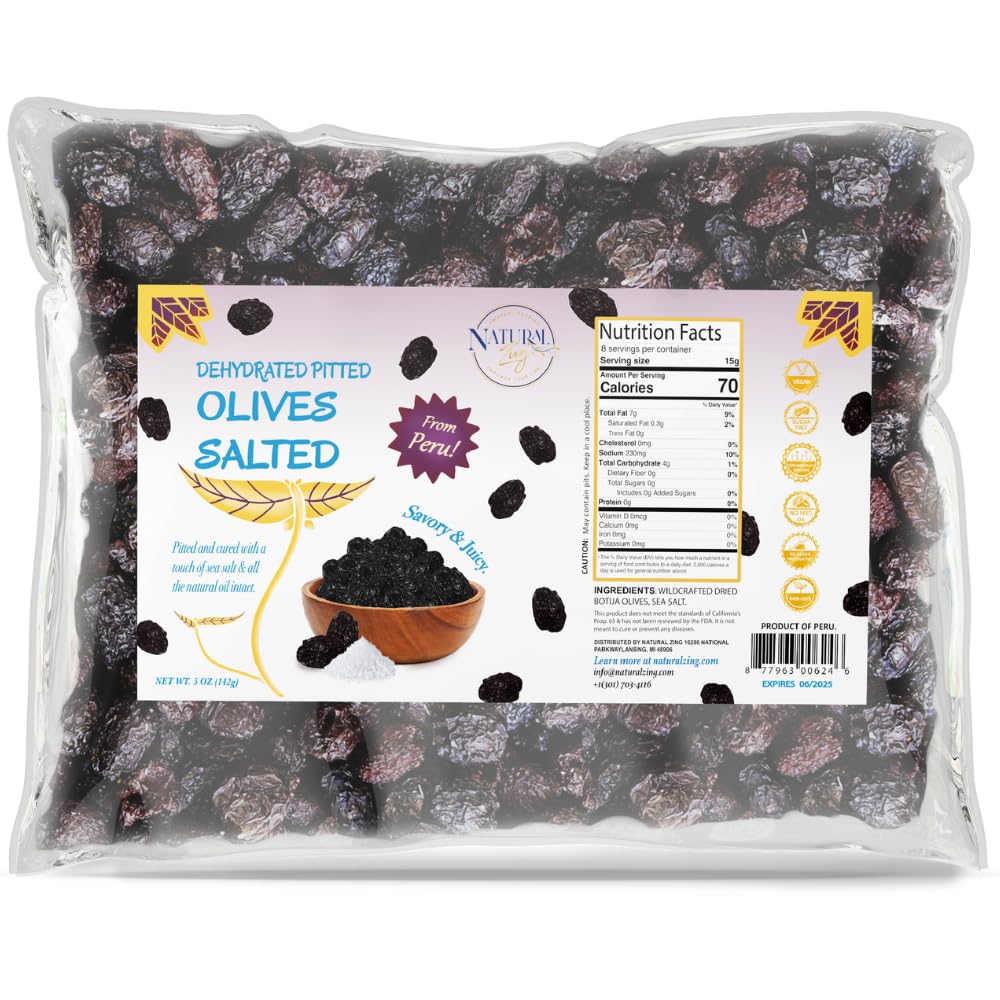 Natural Zing Organic Peruvian Black Olives | Dried Olives, Pitted for a Convenient Healthy Snack Alternative | Naturally Fermented & Organic | 8 oz Bag