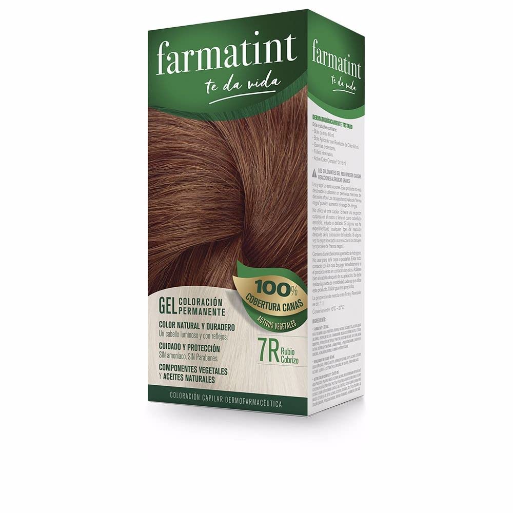 Farmatint Gel 7R Rubio Cobrizo, Tinte Vegetal Permanente, Sin Amoníaco, Cobertura Completa de Canas, Cuida y Protege tu Cabello, Unidad de 135ml