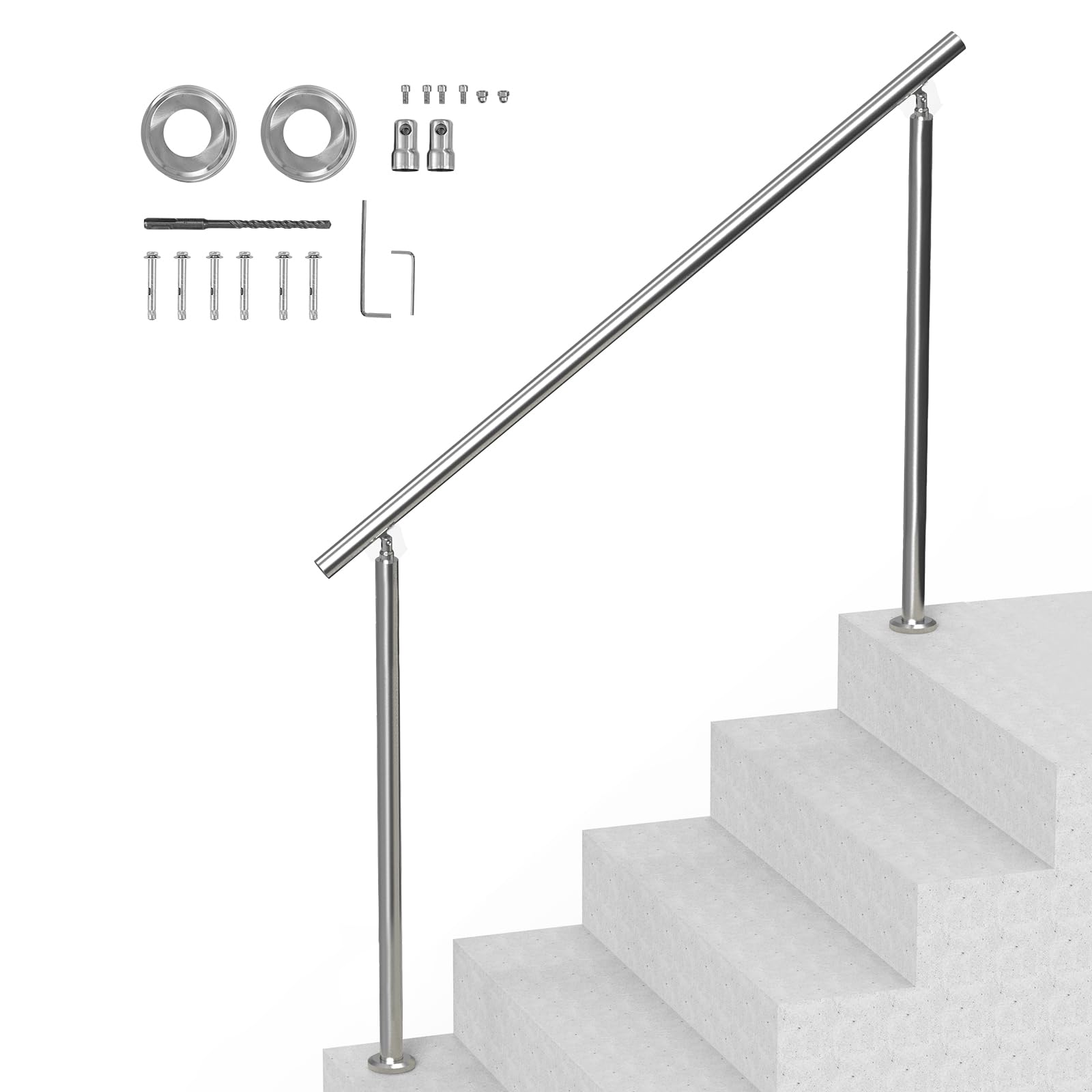 VEVOR Pasamanos de Escalera 150 cm Barandilla de Escalera para Escalones Exteriores de Acero Inoxidable con Kit de Instalación Barra de Agarre de Doble Columna para Personas Mayores, Porche, Patio
