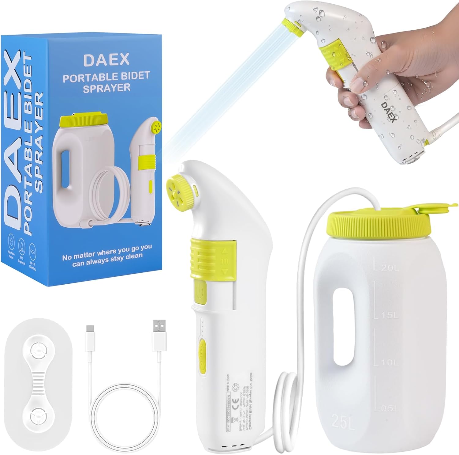 Portable Bidet for Travel – Electric High Pressure Rechargeable Bidet for Women & Men, 2.5L Bottle, 1600mAh Battery, 1300ML/min Strong Flow, Waterproof Personal Hygiene Sprayer for Travel & Home