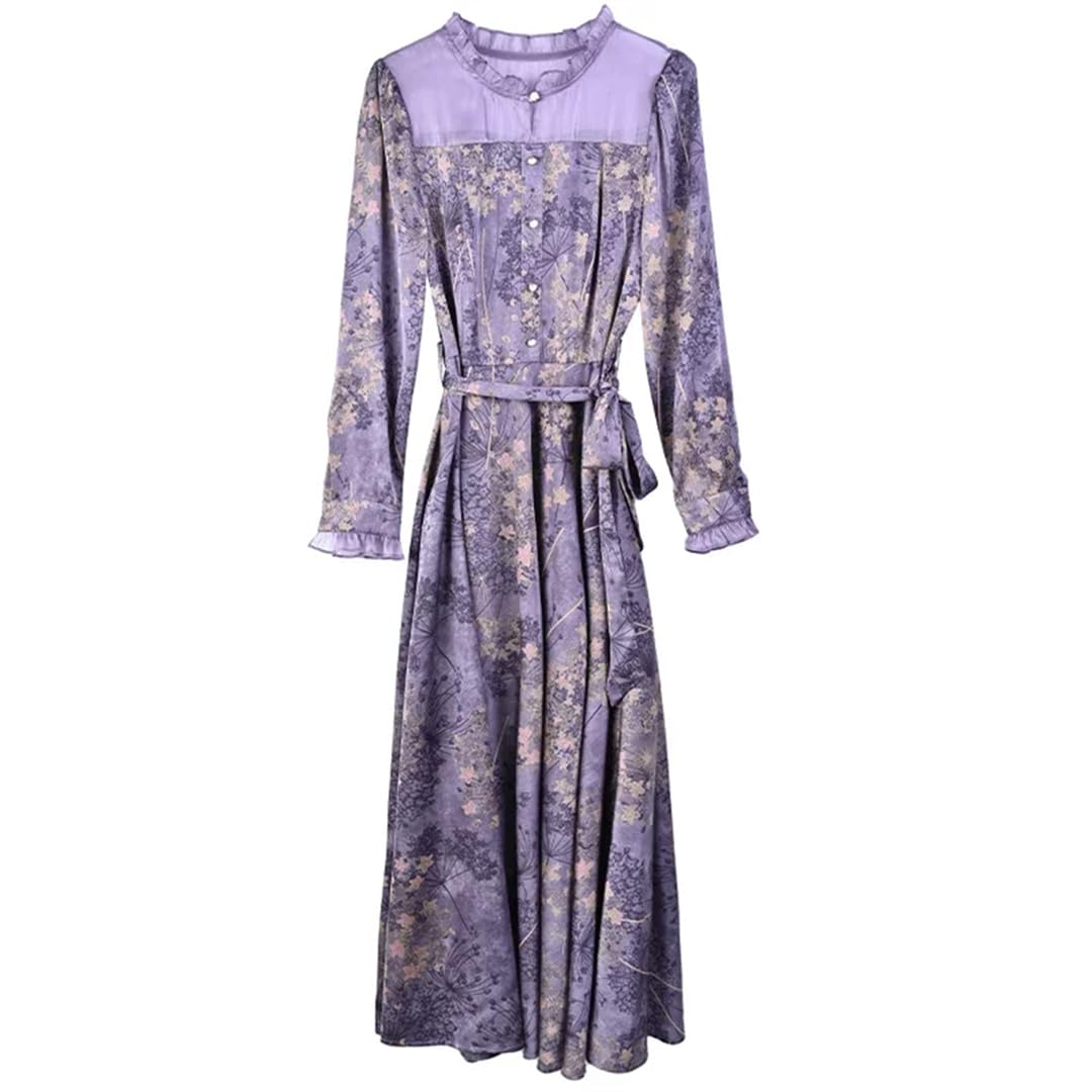 Vestido vintage de seda con estampado floral para mujer, manga larga, cuello alto falso, para fiesta, vestido midi, gris, S