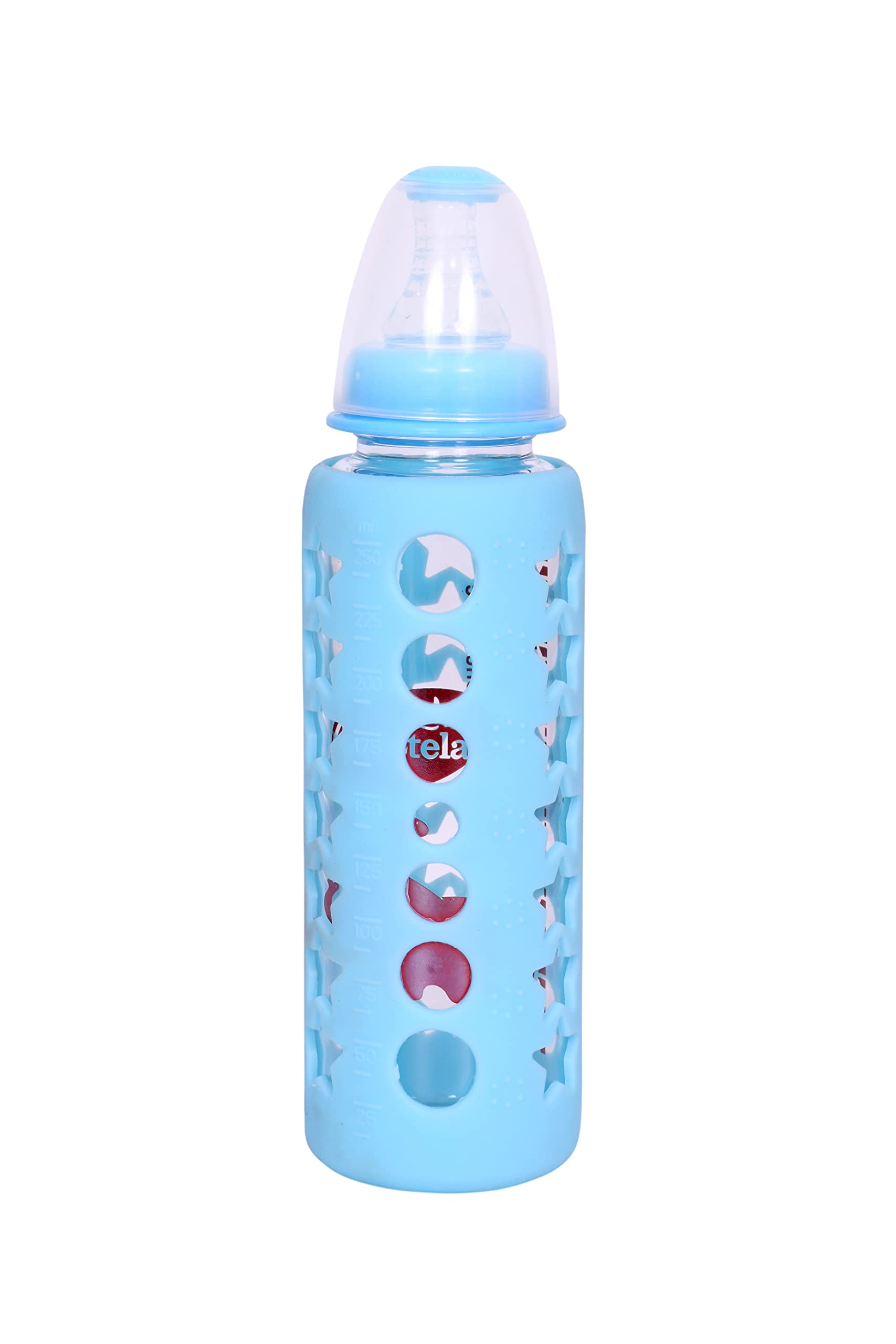 Mastela High Borosilicate Glass Feeding Bottle/Feeder with Premium Silicon Sleeves/Warmer Cover & Ultrasoft Flow Control Nipple (Blue, 250ml/8Oz)-image-1