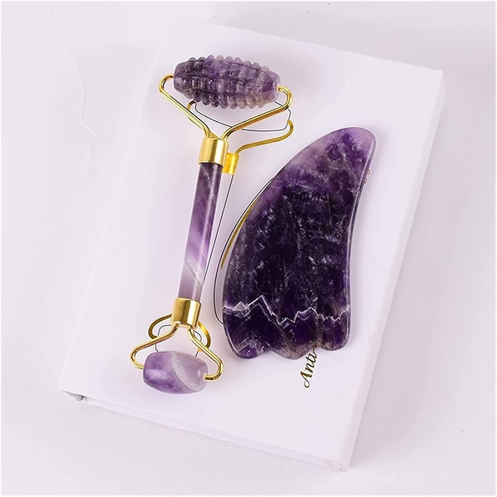 Gua Sha Stein, Amethyst Rohstein Amethyst Sägezahn Gesichtsroller Silikonkappen Gua Sha Pflegewerkzeug-Sets Naturstein Quarz Lila