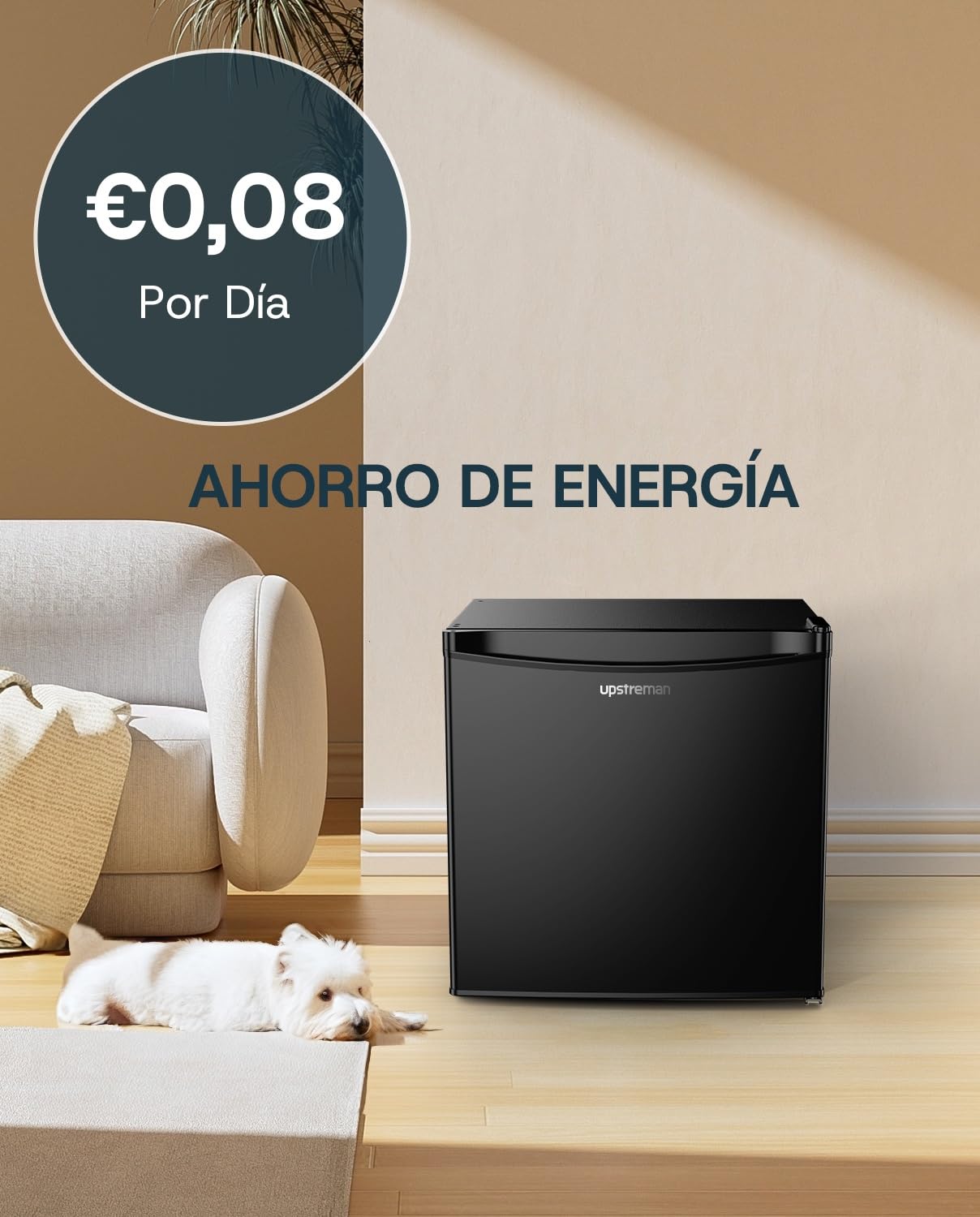 Upstreman 46L Mini Nevera con Congelador, 1℃-8℃ Termostato Ajustable, Ahorro de Energía, Silencioso, Minibar para Dormitorio, Oficina, Hotel, FR17- negro brillante
