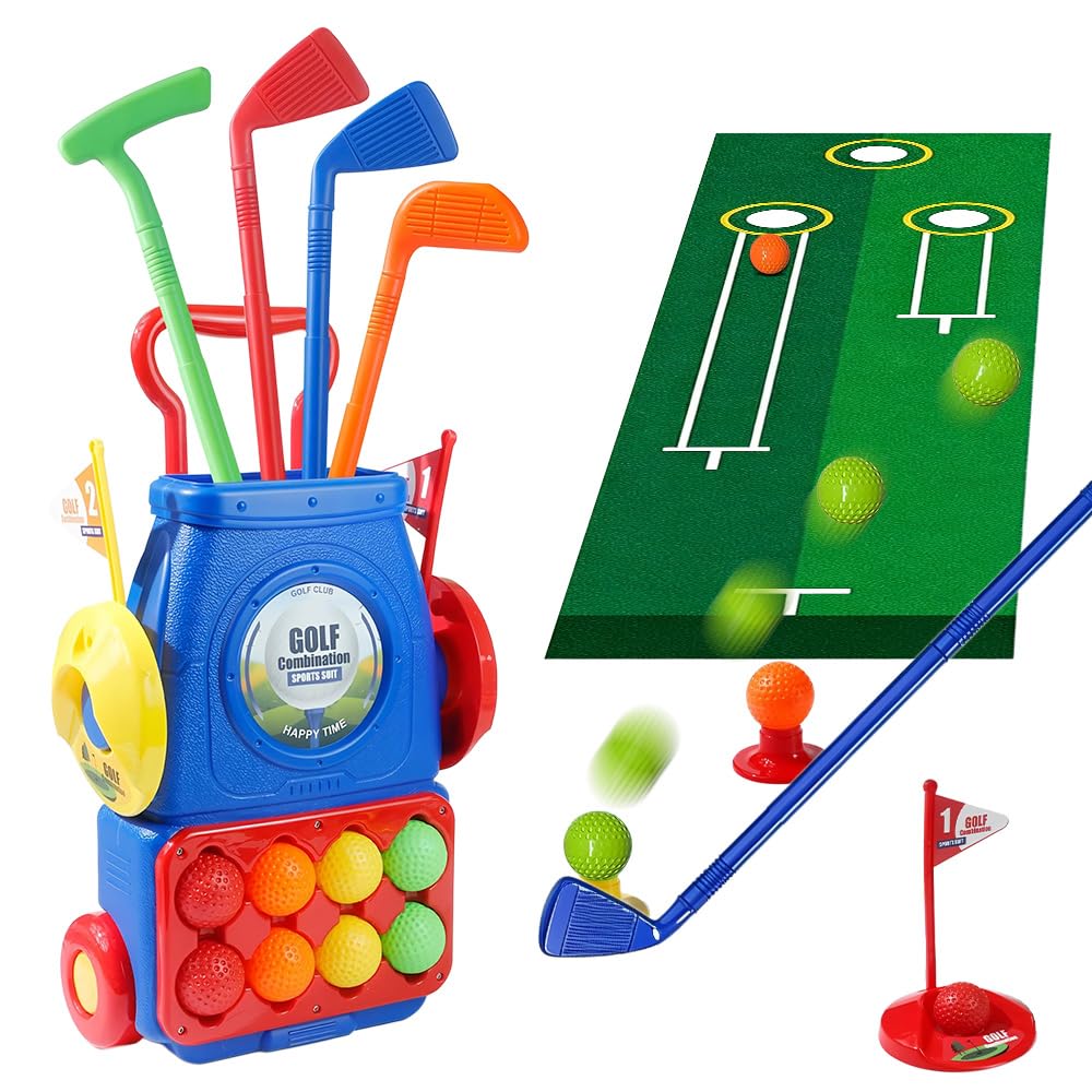 Kids Golf Set, Toddler Golf Set with 8 Play Balls, 4 Golf Clubs, 2 Practice Holes, 1 Golf Mat