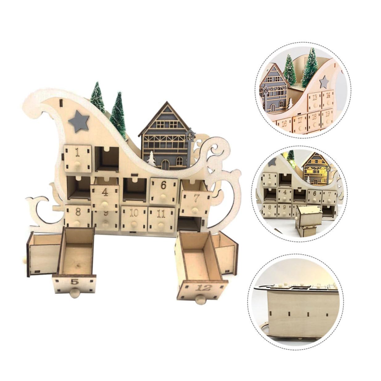 BESPORTBLE Holz Weihnachtskalender mit Schlittenform DIY Bastelidee für Weihnachten Countdown Kalender aus Holz Weihnachtsdeko für Schreibtisch und Wohnzimmer
