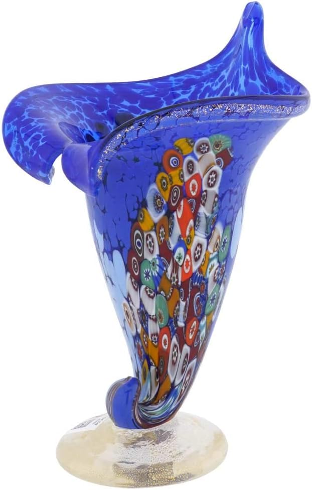 Glass Of Venice Murano Glass Millefiori Horn of Plenty Vase - Blue