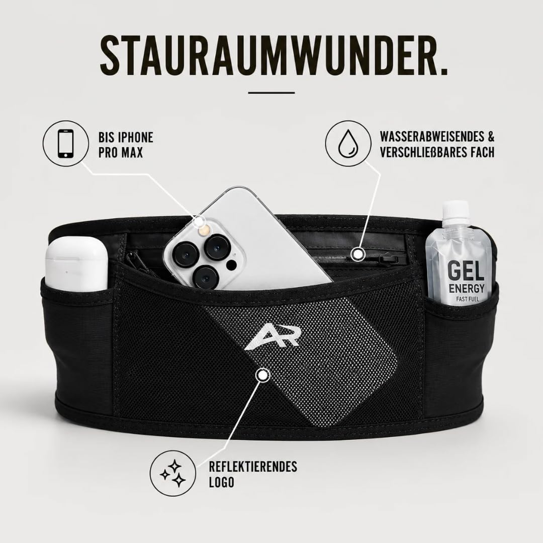 AeroRun® Laufgürtel mit Trinkflasche | Lauftasche Jogging für Damen & Herren | Handytasche Joggen auch für große Handys | 360° Anti-Bounce Running Belt inkl. Startnummernband | M-XL >85 cm Bauchumfang