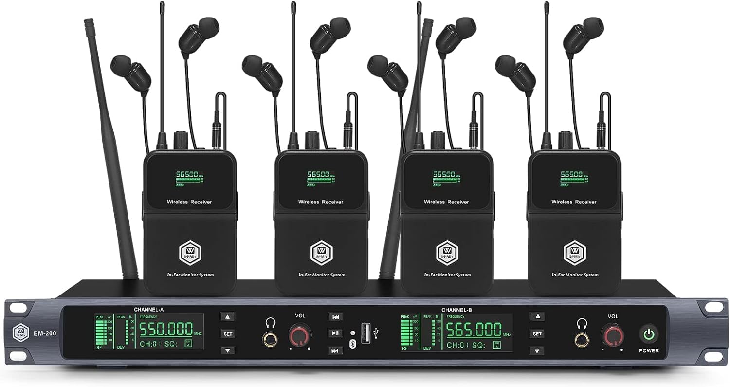 W IN-MIX UHF Wireless in Ear Monitor System, 2 Channel with 4 Bodypacks Mono IEM System, PLL Technology, 300ft Range, Ultra-Low Latency for Live Stage, Recording Studio &amp; Musicians