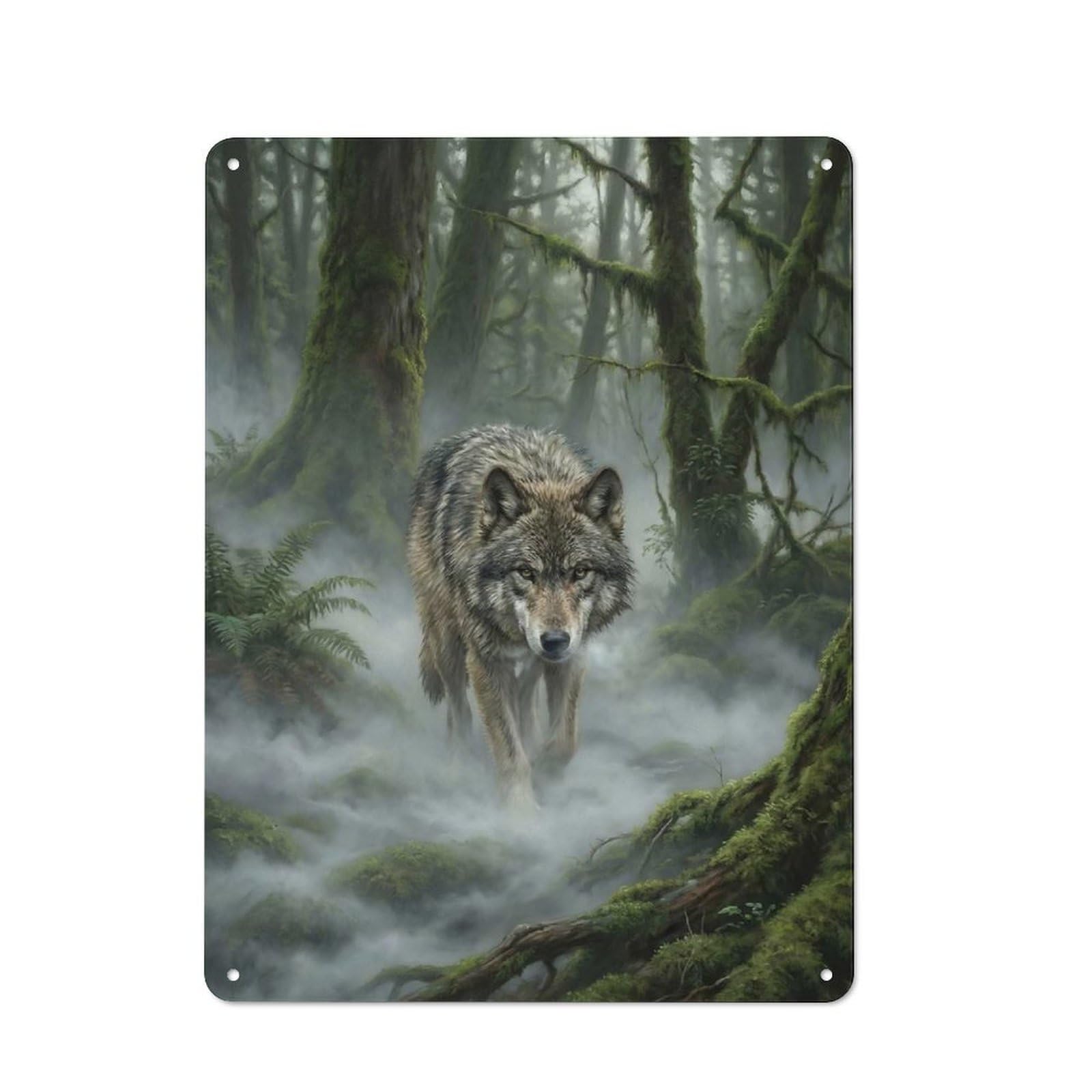 Junmoney Style-20 Tin Wall Plaque 40X30cm With Wolf In Misty Forest For Bar Or Restaurant, For Hospitality Decor Collectors
