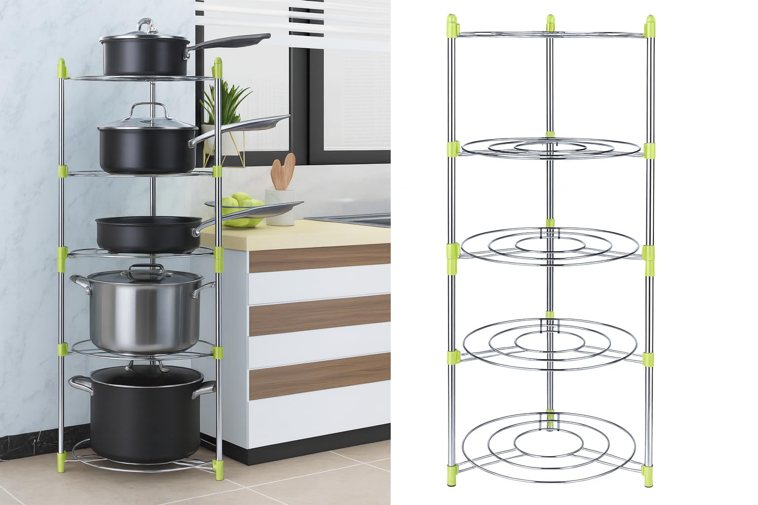 SK-GOODS 5-Tier Stainless Steel Pot & Organizer Rack - Space-Saving Cookware Stand with Adjustable Shelves for Pots, Pans, Lids & Kitchen Essentials - Rust -Resistant Metal Storage Rack