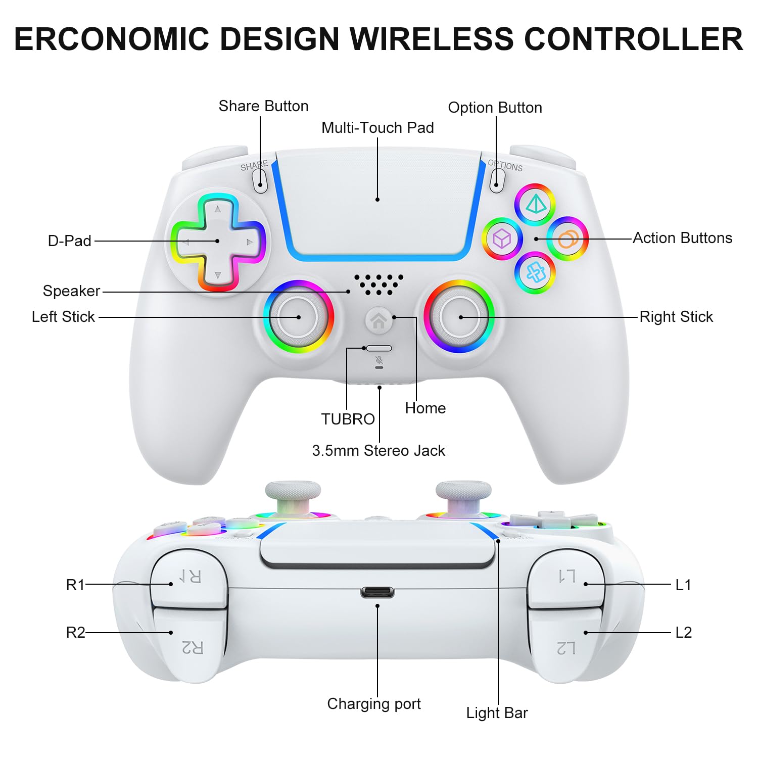 SWCTIM PS5 Controller Wireless,Kompatibel mit PS5 Pro/Slim/PC,Wireless Controller mit 7 RGB LED Licht,Doppelter Vibration,Makro/Turbo Funktion,6-Achsen Gyro Sensor,3.5mm Kopfhörerbuchse,Weiß