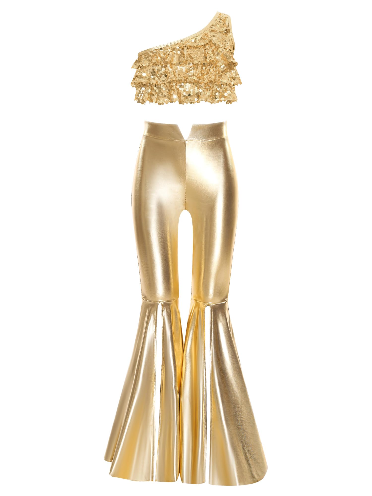 Bambina Costume da Danza Disco Metallico e Brillante con Crop Top Monospalla e Pantaloni Evasati per Performance Festa a Tema