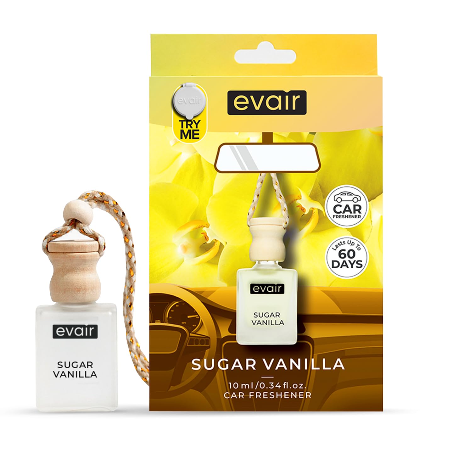 Evair Sugar Vanilla Car Air Freshener | Hanging Car Perfume | Premium Car Fresheners | Car Aroma with Essential Oils| Hanging Perfume for Car in Glass Bottle with Wooden Diffuser Lid (10ml, Pack of 1)-image-20
