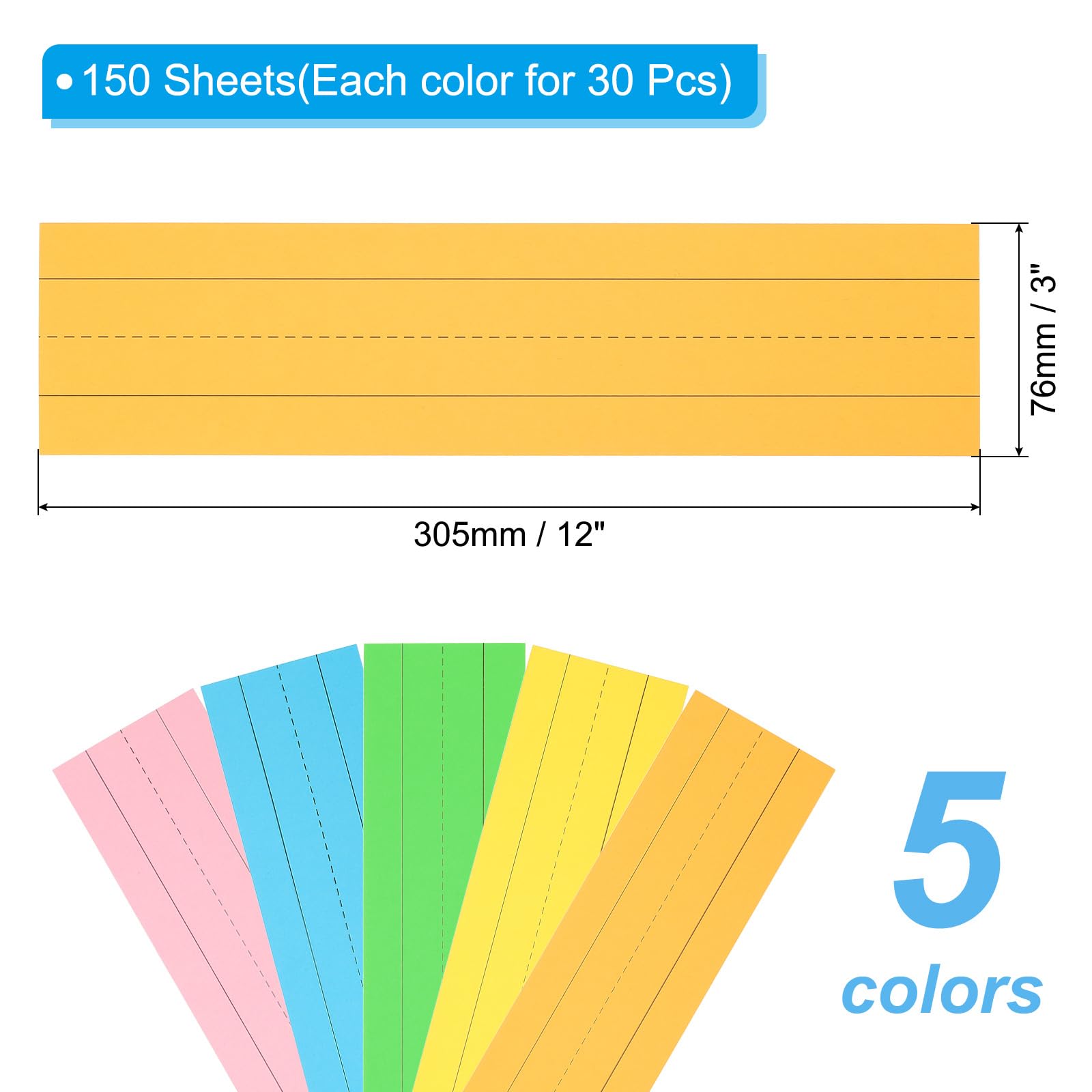 PATIKIL 150 Sheets Ruled Sentence Strips, 3" x 12" Cardstock 250GSM Writing Paper Black Lined Sentence Strips for Teachers Classrooms Offices Homes, 5 Colors - Image 2
