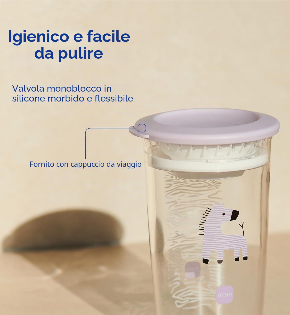 MAM Tazza per bambini facile da bere, 290 ml, bordo a 360° per sorseggiare a qualsiasi angolazione, trasparente come il vetro, facile da tenere in mano, valvola in silicone morbido monopezzo