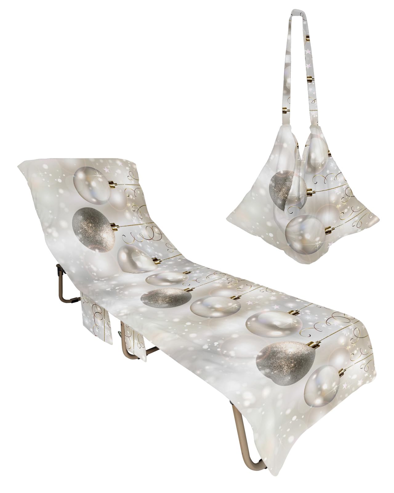 Christmas Balls Beach Lounge Chair Towel Cover, Soft Chaise Lounge Towel with Side Pockets Patio Pool Chairs Cover for Beach/Pool Sunbathing 29x85 Xmas Winter Snowfalke