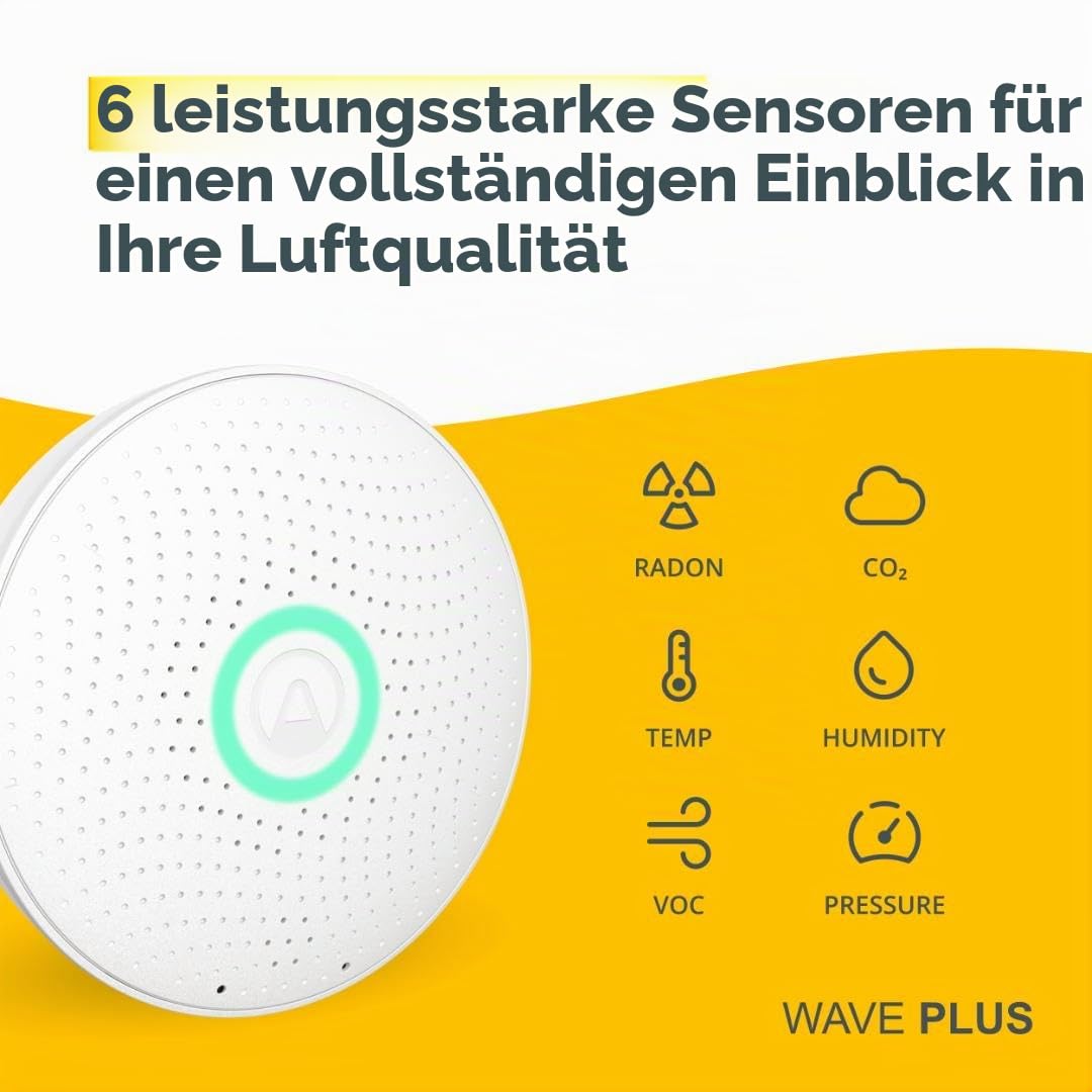 Airthings 2930 Wave Plus Radon- und Luftqualität-Messgerät Überwachung Radon CO2 VOC Luftdruck Feuchtigkeit Temperatur