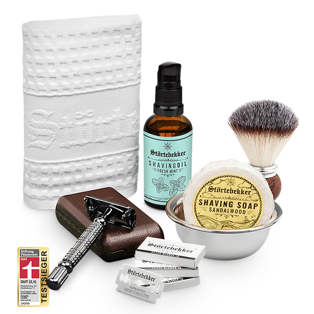 Störtebekker® Premium zestaw do pielęgnacji golenia – w zestawie maszynka do golenia, etui, pędzel do golenia, mydło do golenia, tacka do golenia, olejek do golenia i ściereczka do golenia – wysokiej jakości zestaw do codziennej rutyny golenia – pomysł na
